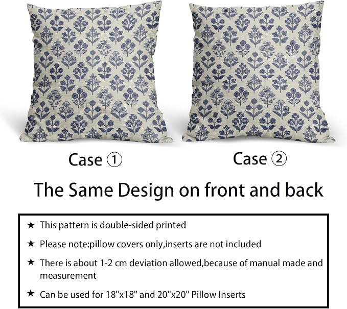 Navy Blue Floral Pillow Covers 24x24 Inch Set of 2, Vintage Flower Block Print - Image 6