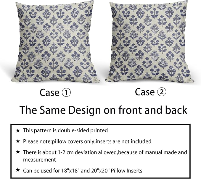 Navy Blue Floral Pillow Covers 18x18 Inch Set of 2, Vintage Flower Block Print - Image 6
