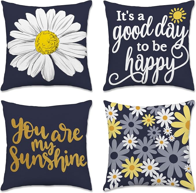 Hexagram Spring Summer Pillow Covers 16x16 Set of 4, Outdoor Floral Daisy by Hexagram
