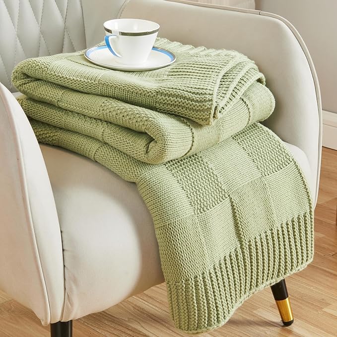 CozeCube Check Knit Throw Blanket, Sage Green Checkered Throw by CozeCube