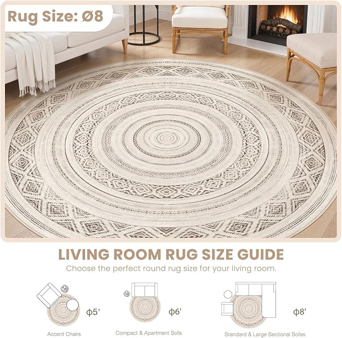 cotiled 8x8 Round Area Rug Living Room: Washable Boho Rugs - Image 8