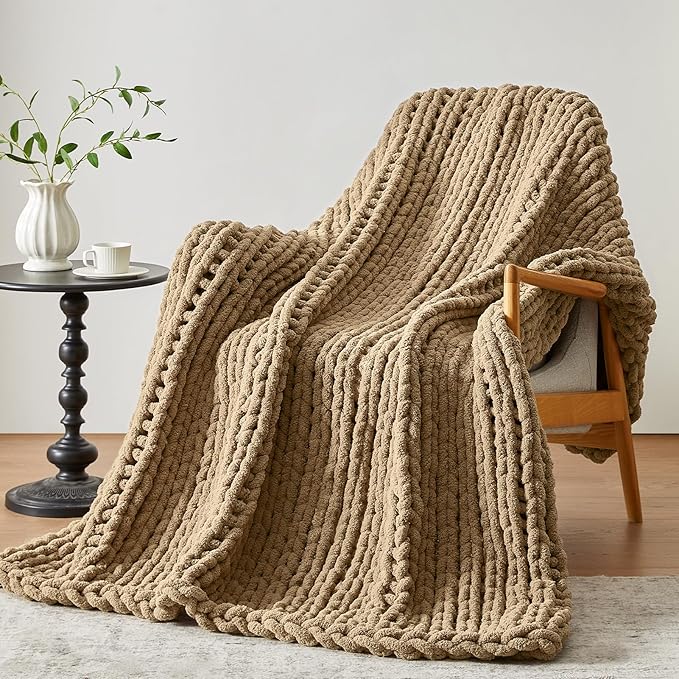 Negwoo Chunky Knit Throw Blanket, Handmade Light Brown Crochet Big Thick Blanket by Unknown