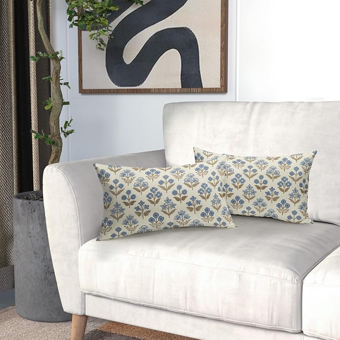 Brown Blue Floral Pillow Covers 12x20 Inch Set of 2, Block Print Lumbar Flower - Image 6
