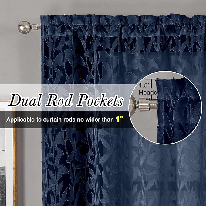 Lecloud Leia Navy Blue Sheer Curtains 45 Inch Length 2 Pcs, Dual Rod Pocket - Image 5
