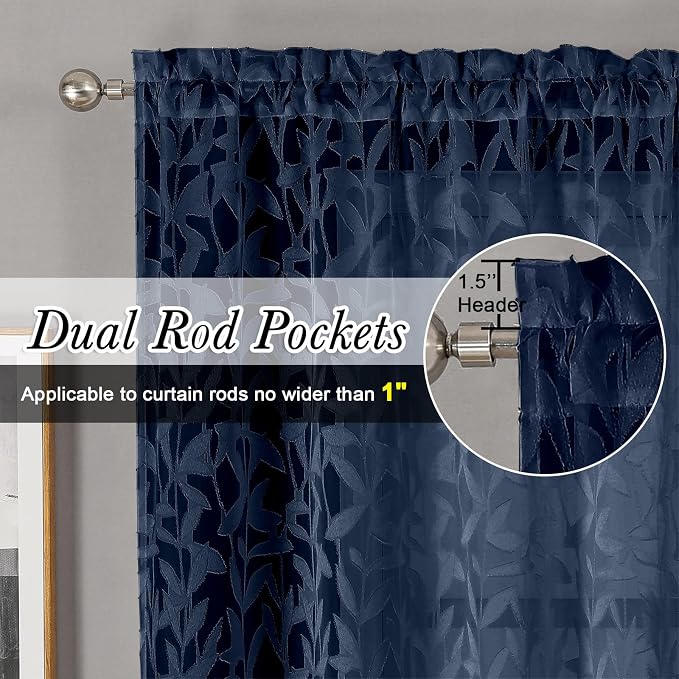 Lecloud Leia Navy Blue Sheer Curtains 72 Inches Long 2 Panels, Jacquard Leaf - Image 6