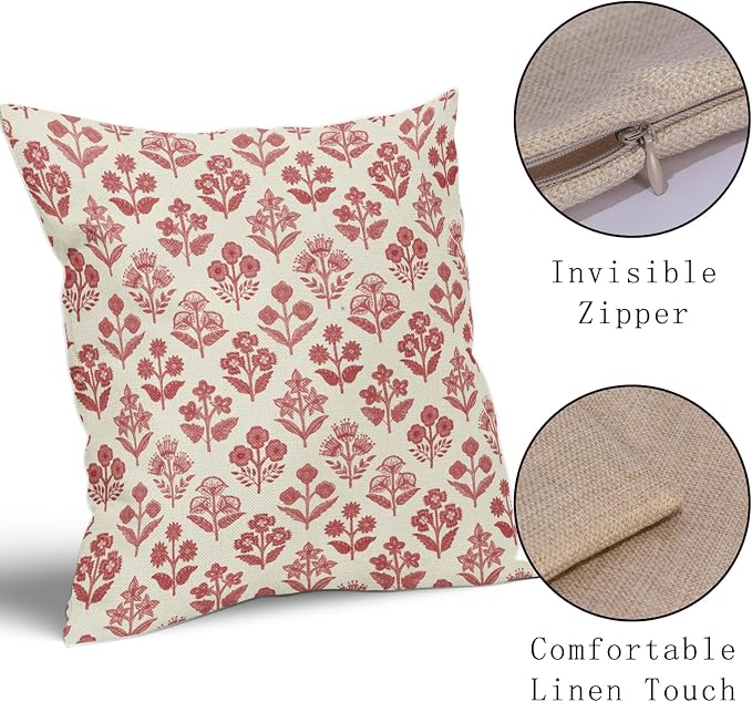 Red Pink Floral Block Print Pillow Covers 16x16 Inch Set of 2, Vintage Flower - Image 4