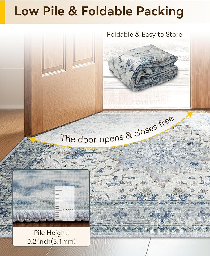 Area Rugs Square 8ft Washable Non-Slip, Floral Vintage Distress Print Pattern - Image 5