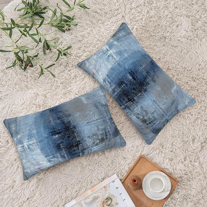 Blue and Grey Abstract Art Artwork Pillow Cover, Gallery Modern Decorative - Image 6