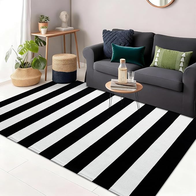 OLANLY Black and White Striped Rug 5' x 8' – Washable Cotton Indoor Outdoor - Image 7
