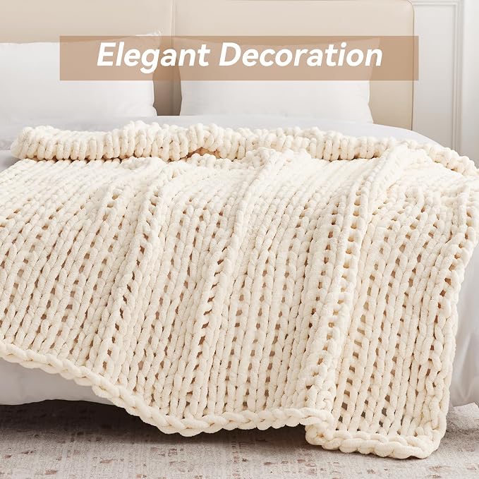 Negwoo Chunky Knit Throw Blanket, Handmade Cream Crochet Big Thick Blanket - Image 6