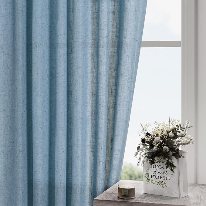 Blue Linen Blend Drapes 84 Inch Length 2 Panels Set Back Tab Rod Pocket Light - Image 2