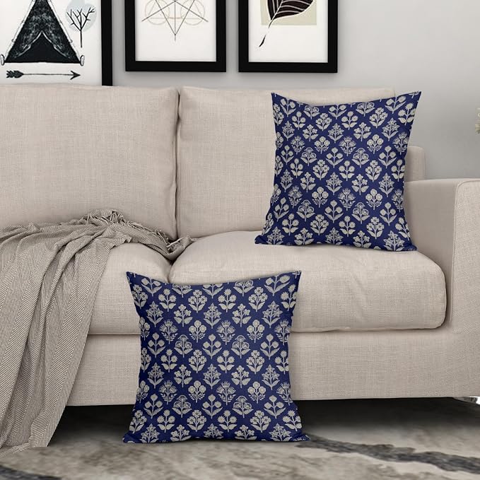 Navy Blue Floral Block Print Pillow Covers 20x20 Inch Set of 2, Vintage Flower - Image 3