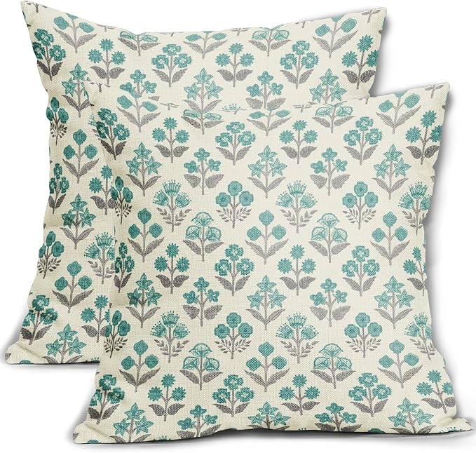 Teal Grey Gray Floral Block Print Pillow Covers 16x16 Inch Set of 2, Vintage by Sivirary