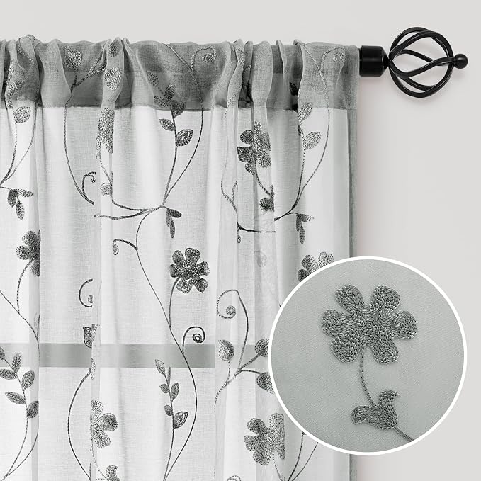HOMEIDEAS Grey Sheer Curtains 63 Inches Long 2 Panels Embroidered Floral - Image 4