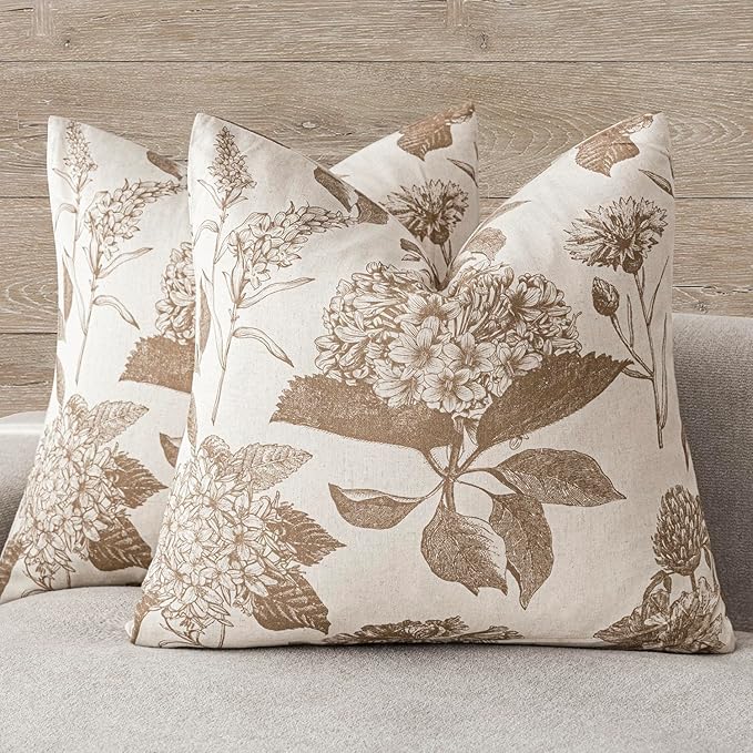 Foindtower Set of 2 Linen Floral Vintage Throw Pillow Covers Neutral Accent by Foindtower