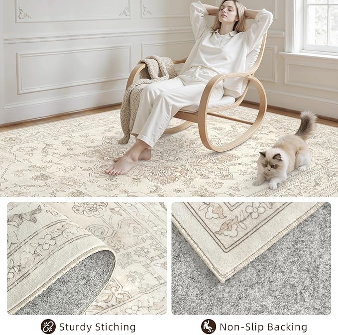 Area Rugs 9x12 Living Room: Vintage Boho Neutral Washable Rug Indoor Soft Large - Image 4