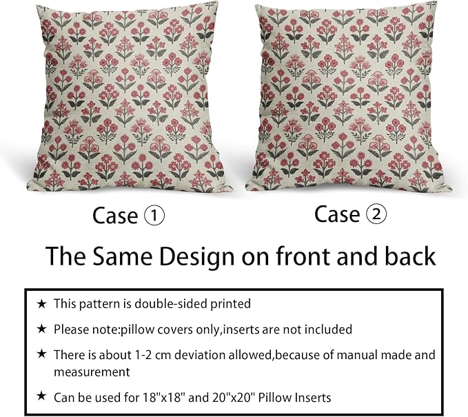 Black Red Floral Pillow Covers 24x24 Inch Set of 2, Vintage Flower Block Print - Image 6