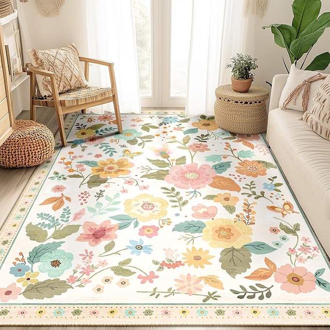 RELEANY Floral Nursery 5x7 Area Rugs Washable Print Boho Cute Carpet Non Slip by RELEANY