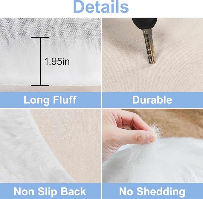 White Faux Fur Rug Small Round Fluffy Rug 2x2 Feet Round Rug - Image 4
