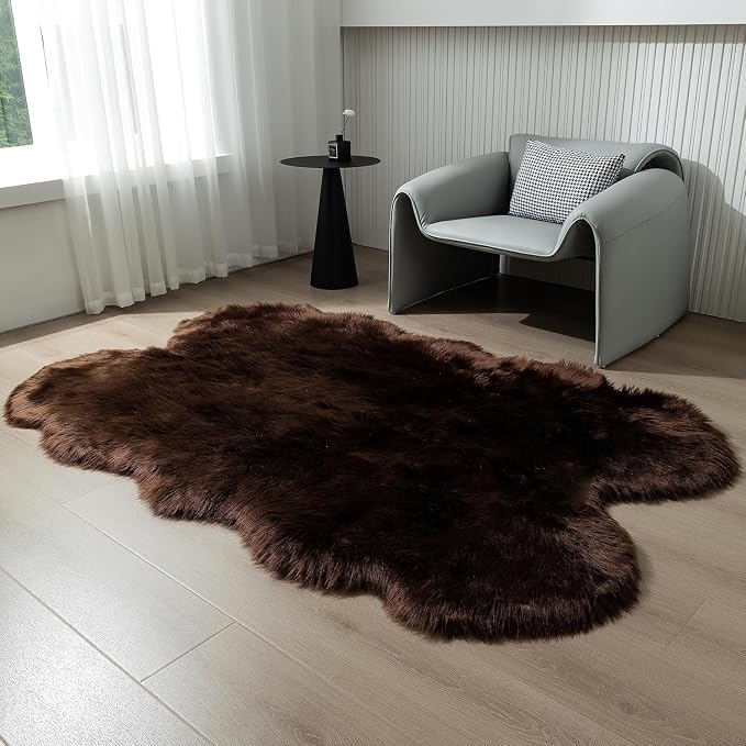 Fluffy Faux Fur Rug Coffee Sheepskin Area Rug, 4x6 Ft Ultra Soft Shaggy Plush - Image 4