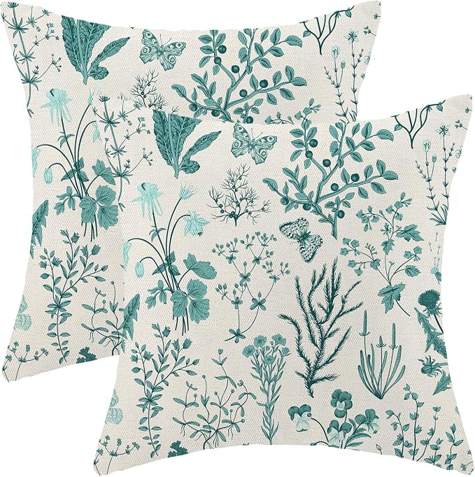 AEIOAE Summer Pillow Covers 18x18 Inch Set of 2, Teal Green Wild Flower Plant by AEIOAE