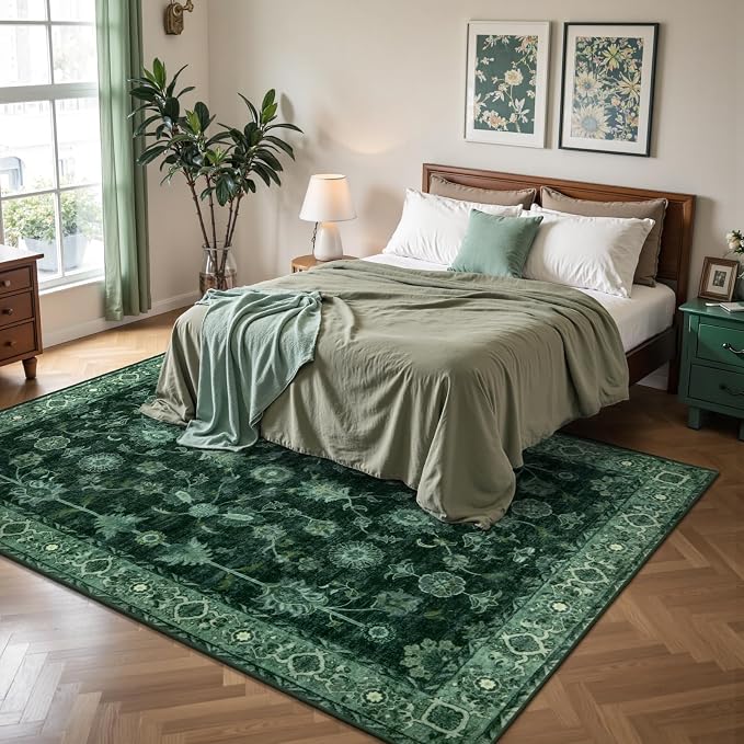 Tangsoo Washable Area Rug 3x5 Non Slip, Boho Distressed Vintage Green Floral - Image 8
