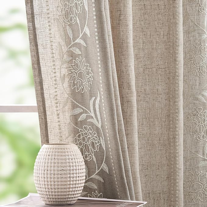 jinchan Winslow Linen Curtains for Bedroom 84 Inches Length Ivory on Taupe by JINCHAN