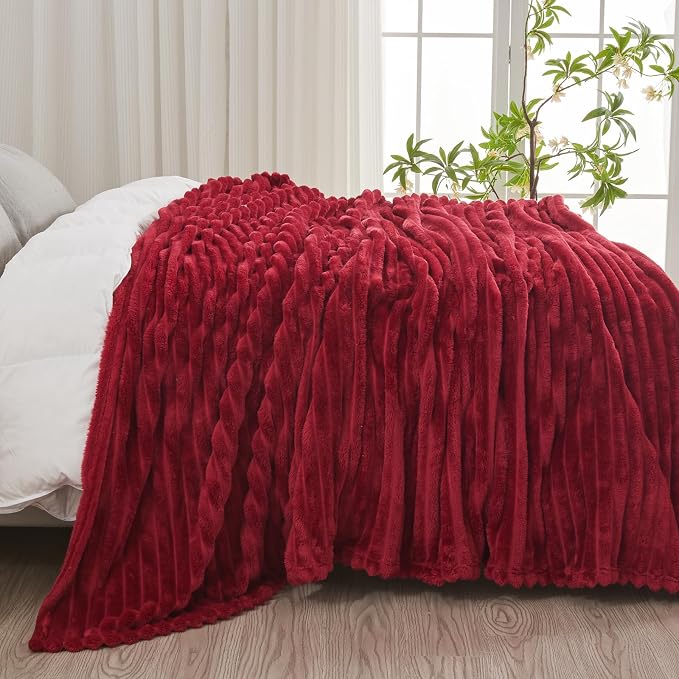 NEWCOSPLAY Super Soft Queen Blanket Red Premium Silky Flannel Fleece 3D Ribbed - Image 4