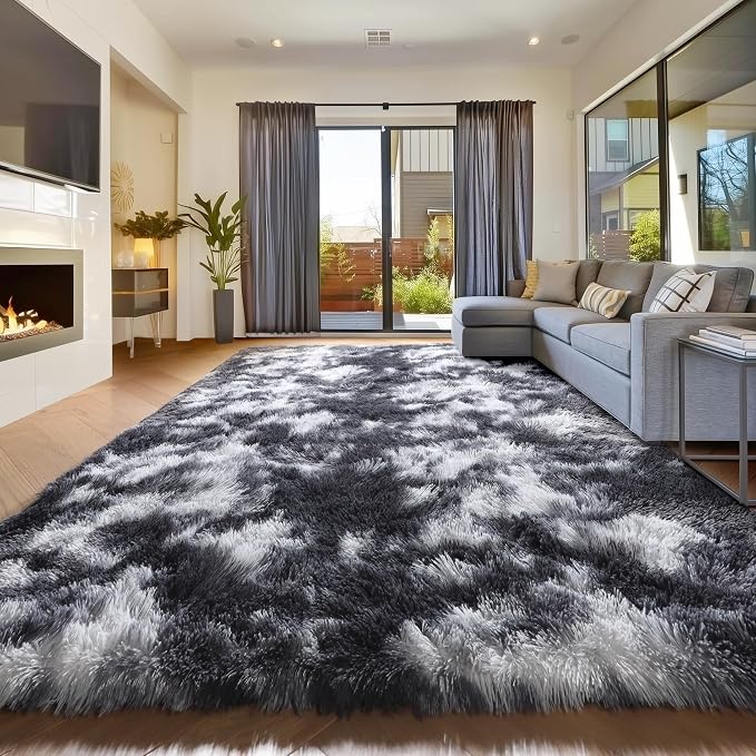 Amdrebio Black White Grey Rugs for Living Room Bedroom, 9x12 Big Fluffy Shaggy by Amdrebio