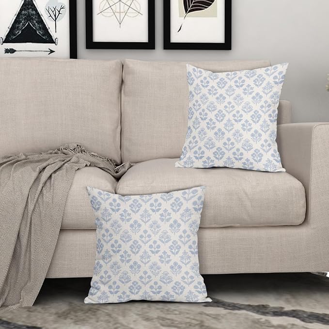 Baby Blue Floral Pillow Covers 18x18 Inch Set of 2, Vintage Flower Block Print - Image 3