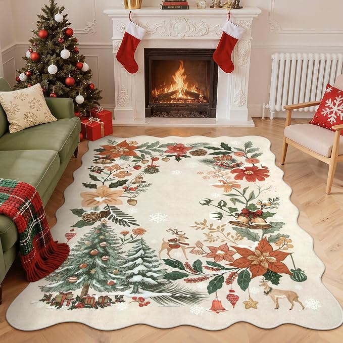 Lahome Floral Christmas Rugs for Living Room, 5x7 Christmas Area Rug for by Lahome