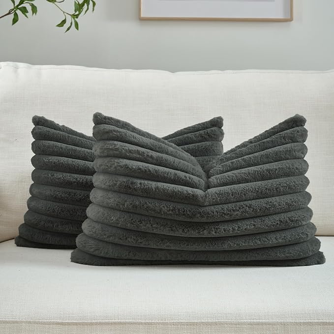 FUTEI Dark Grey Decorative Throw Pillow Covers Set of 2, 12x20 Inch Soft Fluffy by FUTEI