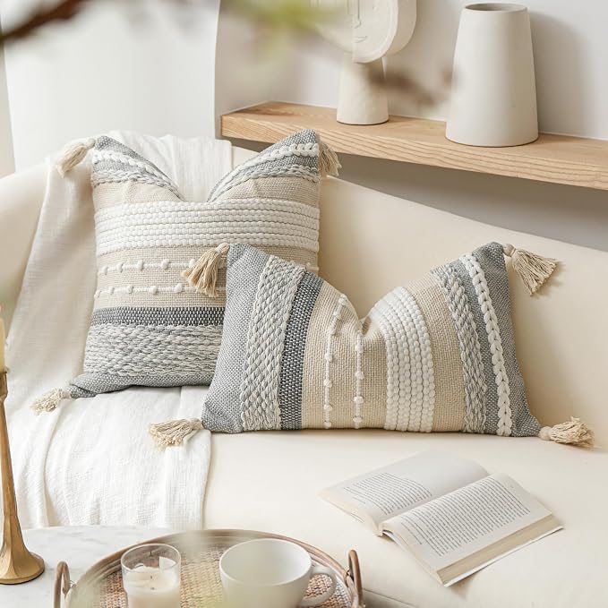 BlissBlush Gray Boho Throw Pillow Cover 20x20 Grey Decorative Accent Pillow - Image 4