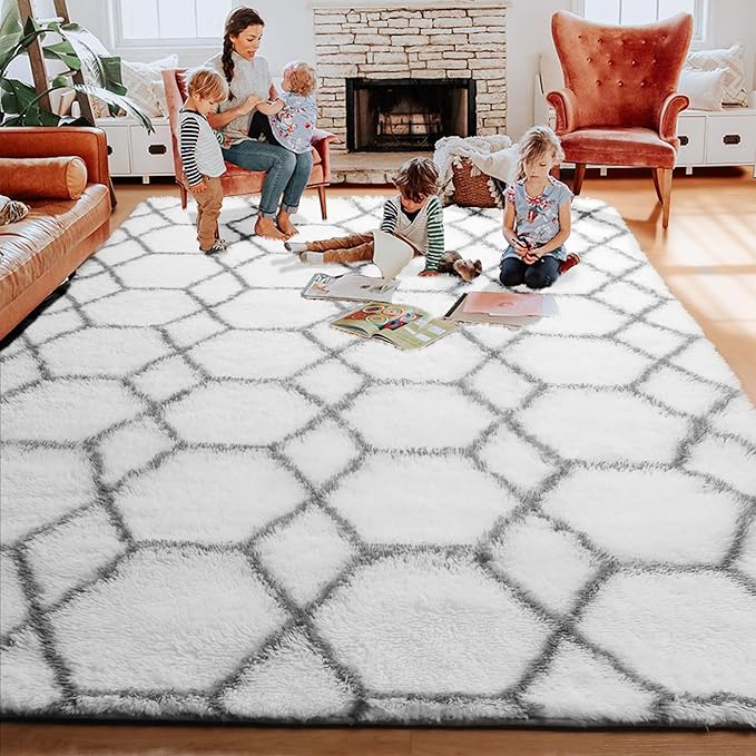 ONASAR Area Rugs for Living Room, 7x10 Fluffy White and Grey Rug for Bedroom - Image 5