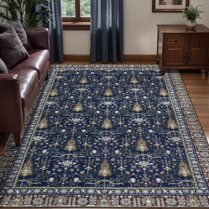 Tangsoo 4x6 Washable Area Rugs Non Slip, Boho Vintage Blue Floral Throw Rug - Image 8