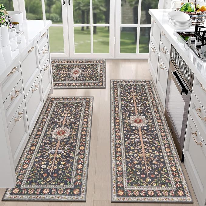 HEBE Boho Kitchen Rugs Sets of 3 Non Slip Washable Farmhouse Kitchen Rugs and by HEBE