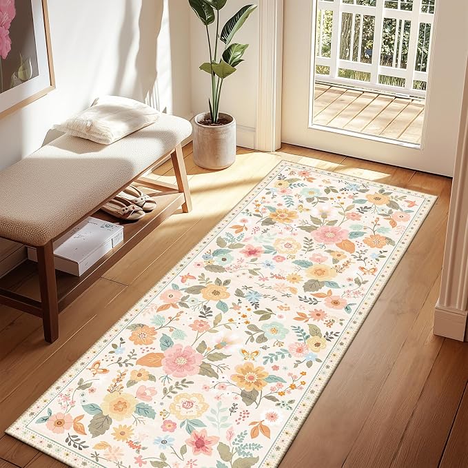 RELEANY Floral Nursery 2x6 Area Rugs Washable Print Boho Cute Carpet Non Slip by RELEANY