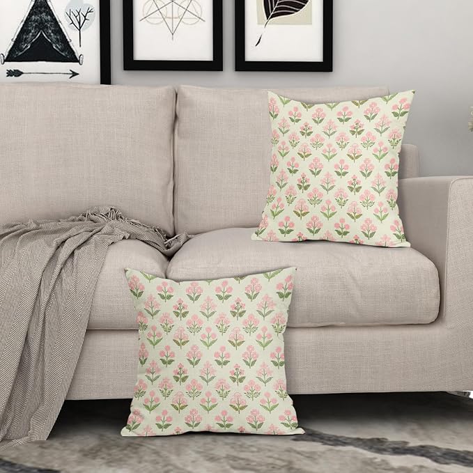 Pink Green Block Print Pillow Covers 16x16 Inch Set of 2 Vintage Floral - Image 3