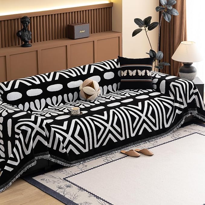 VClife Minimalism Tribal Couch Cover Non Slip White Black Geometric Jacquard - Image 6