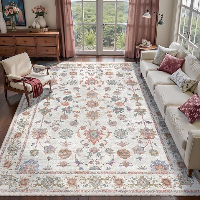 Tangsoo Floral Area Rug 6x9 Machine Washable Non-Slip Rug Vintage Distressed by Tangsoo