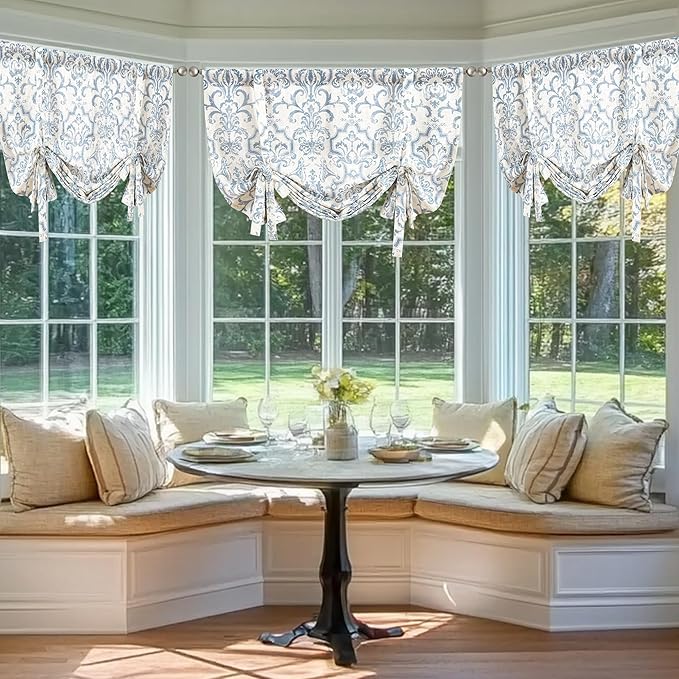 jinchan Linen Tie Up Valance for Flax Floral Drapes Vintage Farmhouse Medallion - Image 2