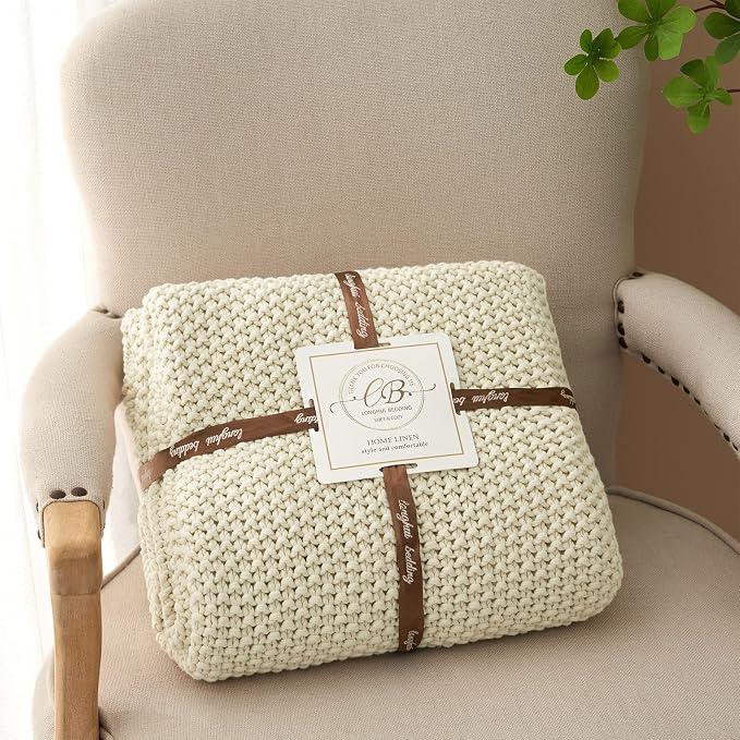 Chunky Cable Knit Throw Blanket Lightweight Cream 100% Organic Cotton Blanket - Image 8
