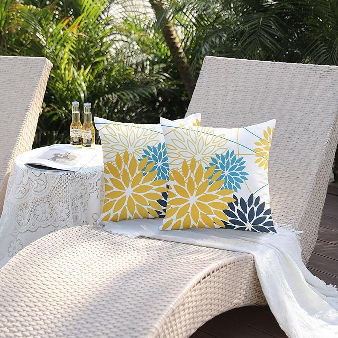 Yellow and Dark blue Floral Pillow Covers 18x18 Set of 2 Outdoor Waterproof - Image 5