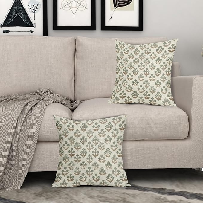 Brown Green Floral Block Print Pillow Covers 20x20 Inch Set of 2, Vintage - Image 3