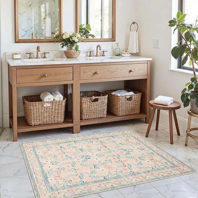 Rugxara Pink Door Mat Floral Entryway Rug, Washable Samll 2x3 Rug, Boho Front - Image 3