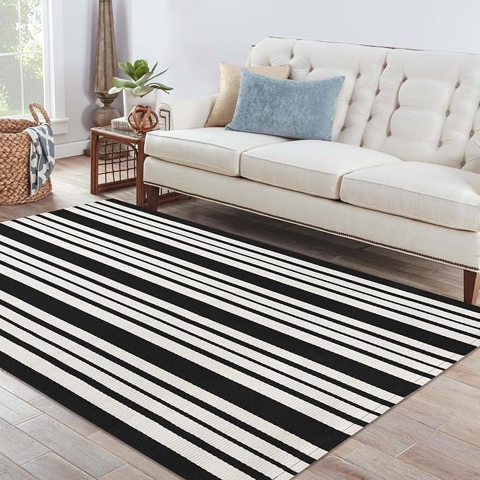 IOHOUZE Black and White Striped Rug 4'x6' Outdoor Rugs, Washable Area Rug - Image 9