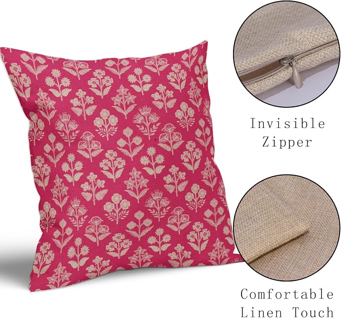 Hot Pink Floral Block Print Pillow Covers 16x16 Inch Set of 2, Vintage Flower - Image 4