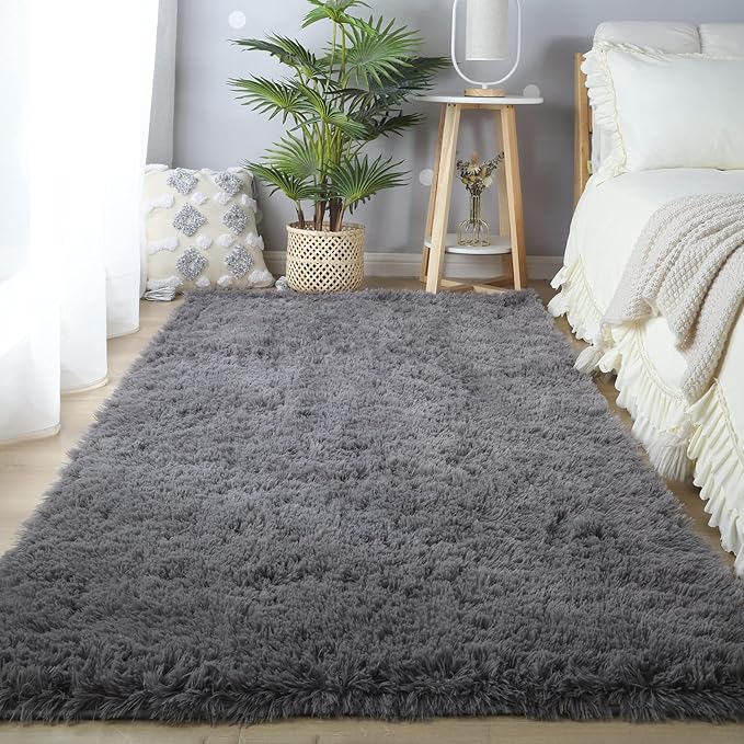 Area Rugs for Bedroom Living Room: 4x6 Grey Fuzzy Shag Shaggy Rug by CAIYUECS