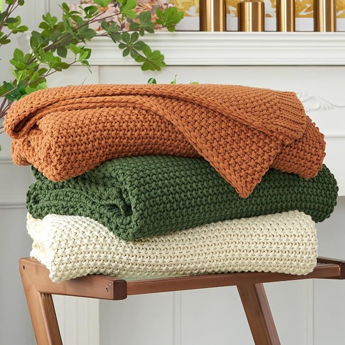 Chunky Cable Knit Throw Blanket Lightweight Burnt Orange 100% Organic Cotton by LongHuiBedding