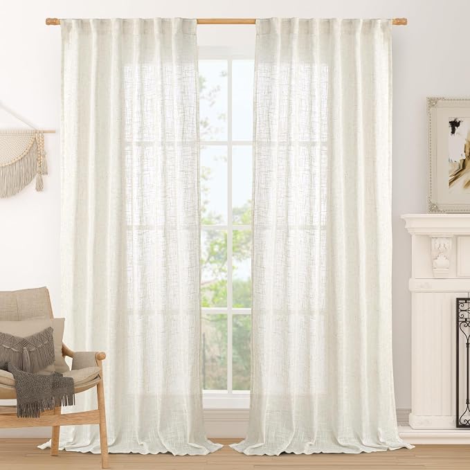 LAMIT Semi Sheer Linen Curtains 96 inches Long 2 Panels Set, Light Filtering by LAMIT